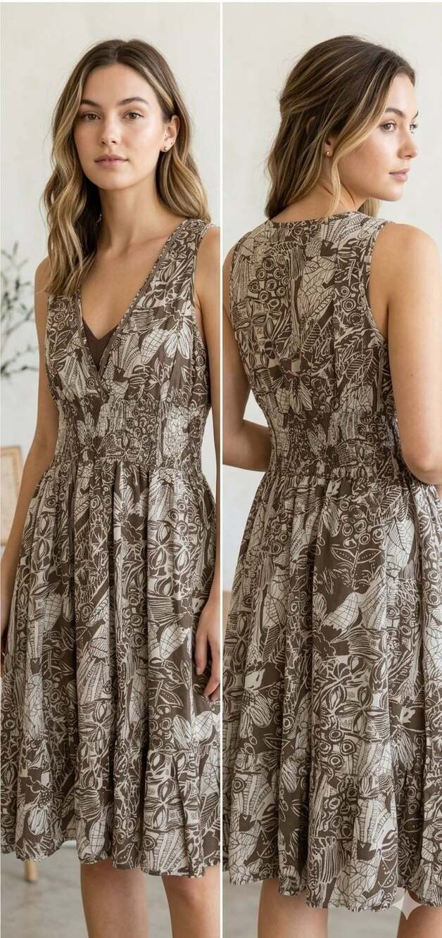 Pretty Pink Brown Floral Sleeveless Smocked Waist Cotton Dress Size M